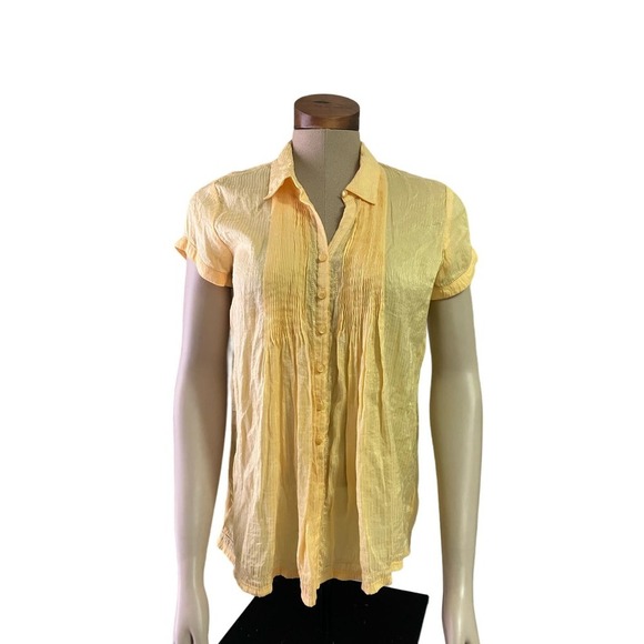 Coldwater Creek Large Women's Blouse Top Yellow Smocked Sheer Lightweight Button - Picture 1 of 12